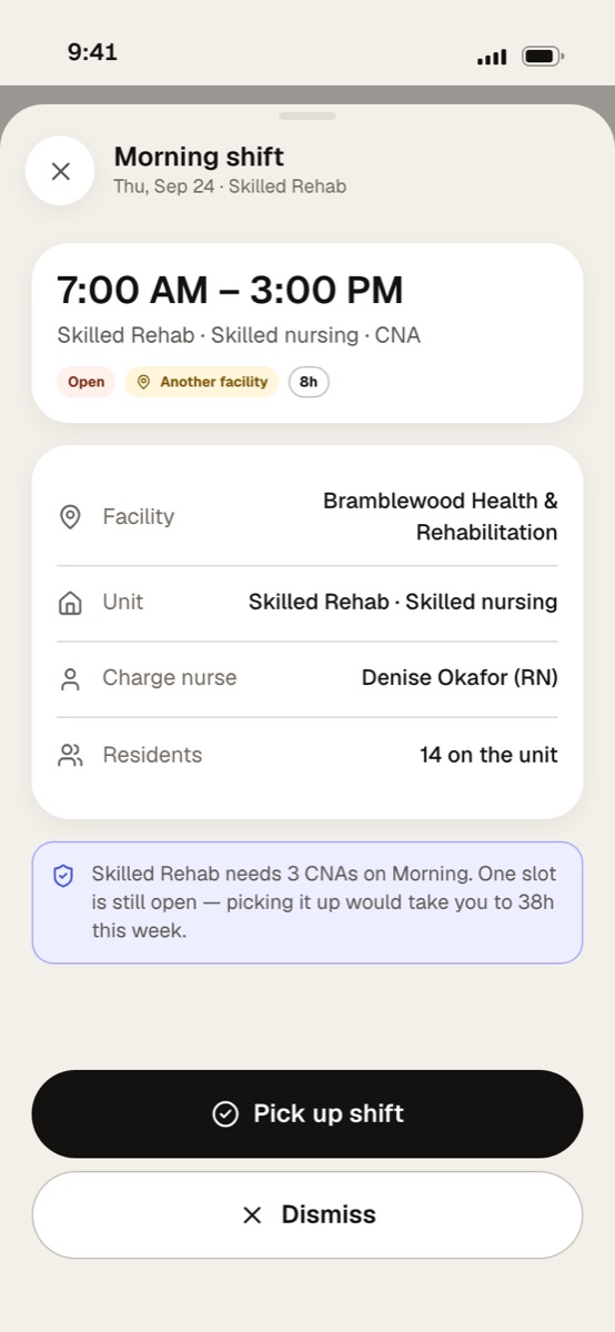 The pick-up sheet in the Syntrah app, with an Another facility badge naming the building.