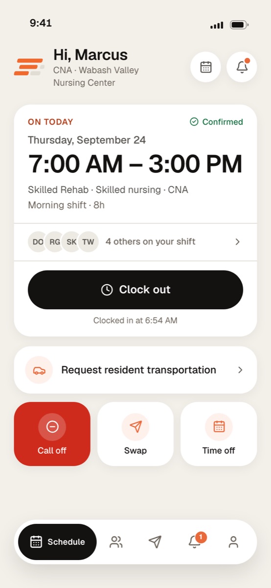 The Syntrah app’s Today card for Marcus, clocked in for the 7 AM shift.