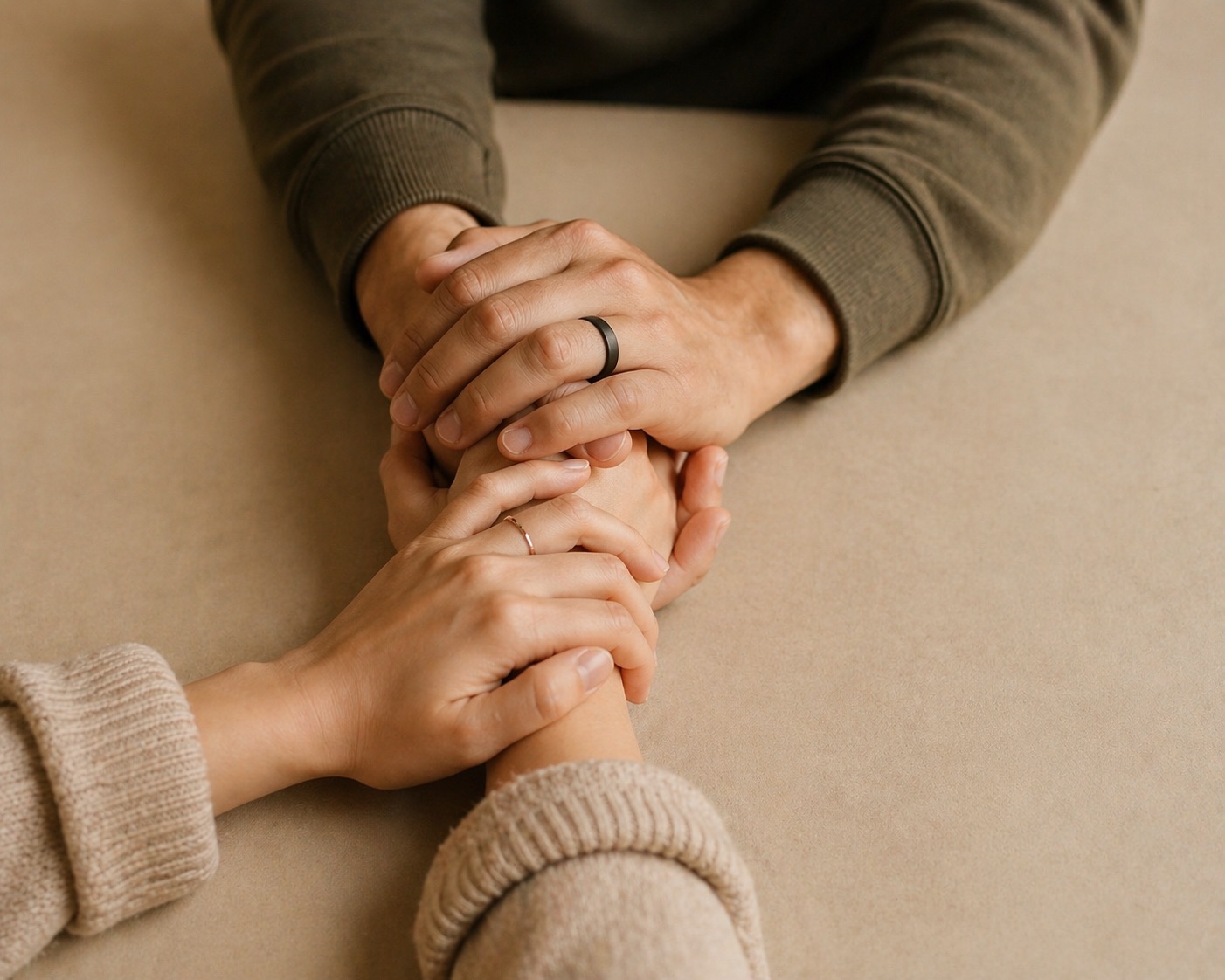 Two people holding hands across a table.