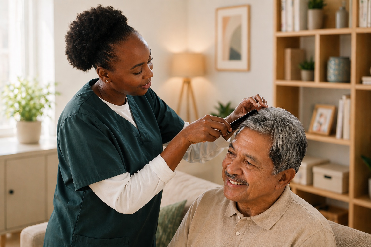 A caregiver combs an older resident’s hair in a sunlit living room.