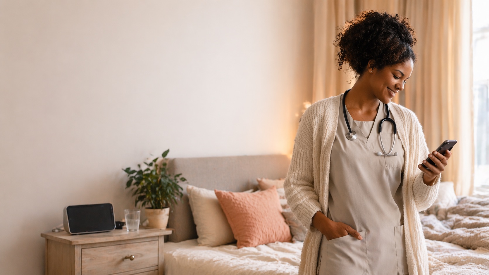 A nurse with a stethoscope checks a message in a resident’s room.