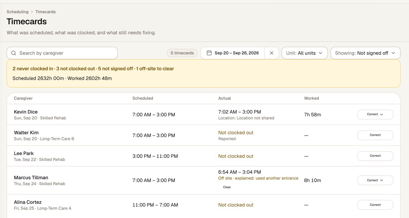 Timecards in the Syntrah console: scheduled and actual times side by side, with an off-site punch waiting to be cleared.